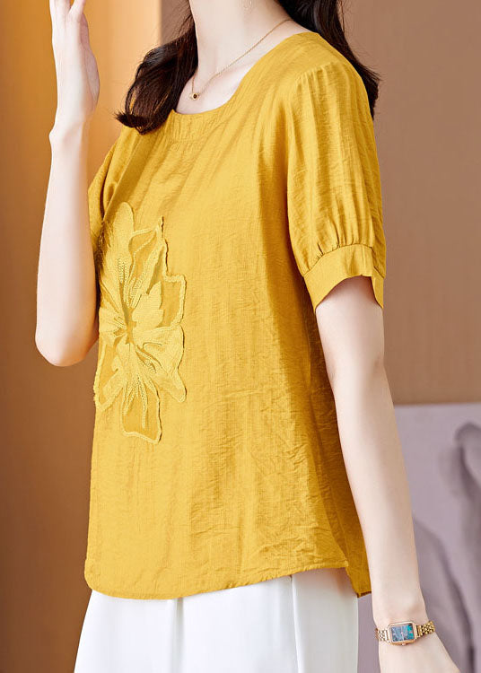 Yellow Patchwork Linen T Shirt Embroideried Wrinkled Summer LY0464