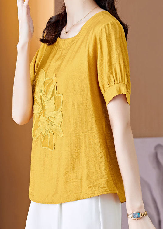 Yellow Patchwork Linen T Shirt Embroideried Wrinkled Summer LY0464 - fabuloryshop