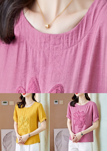 Yellow Patchwork Linen T Shirt Embroideried Wrinkled Summer LY0464 - fabuloryshop