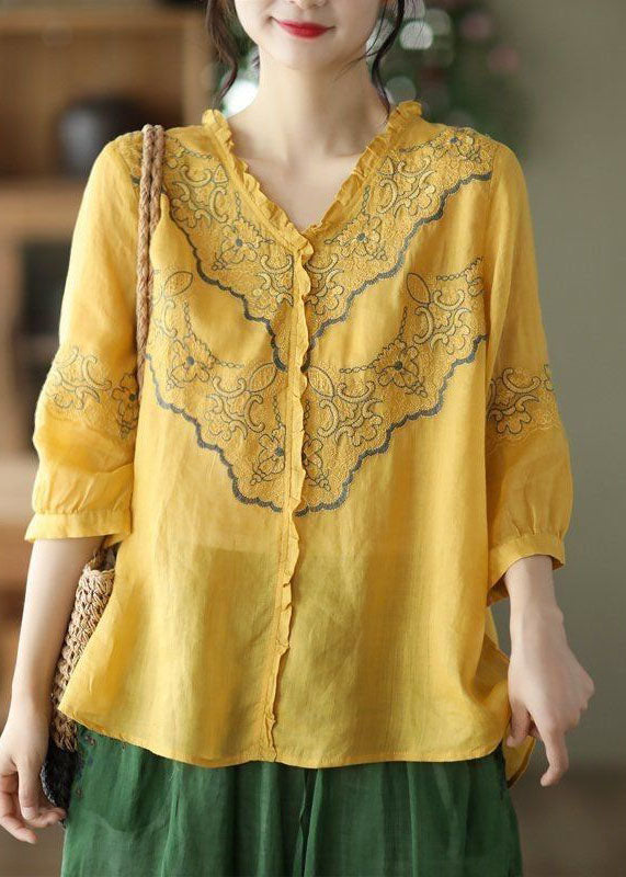 Yellow Patchwork Linen Top Ruffled V Neck Summer LY0234 - fabuloryshop