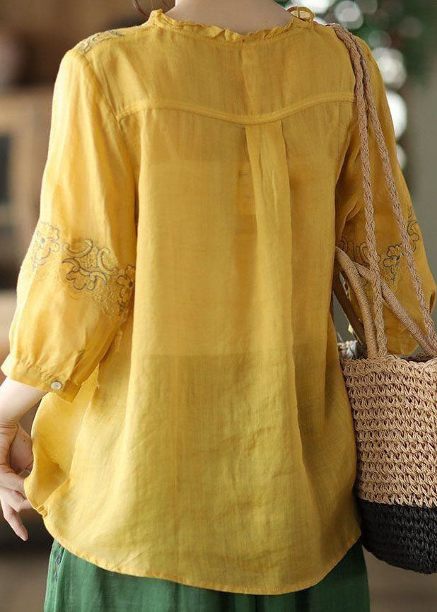 Yellow Patchwork Linen Top Ruffled V Neck Summer LY0234 - fabuloryshop