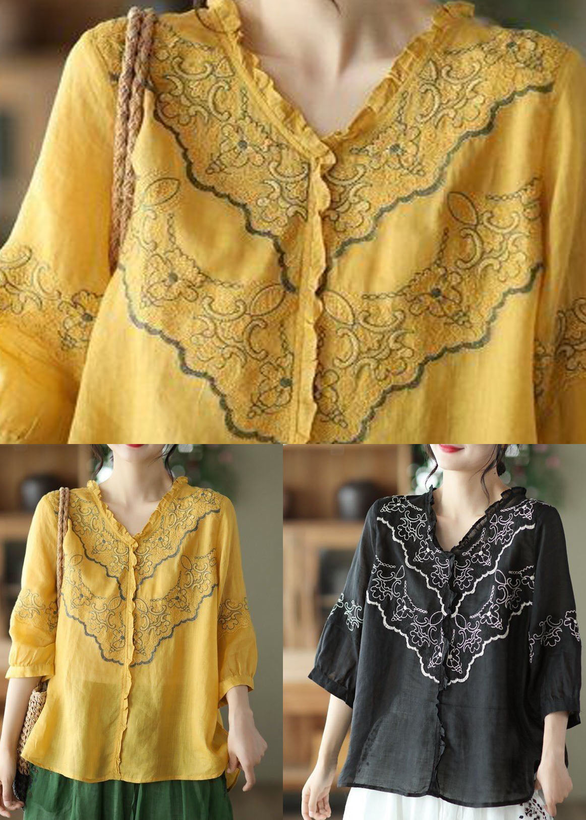 Yellow Patchwork Linen Top Ruffled V Neck Summer LY0234 - fabuloryshop