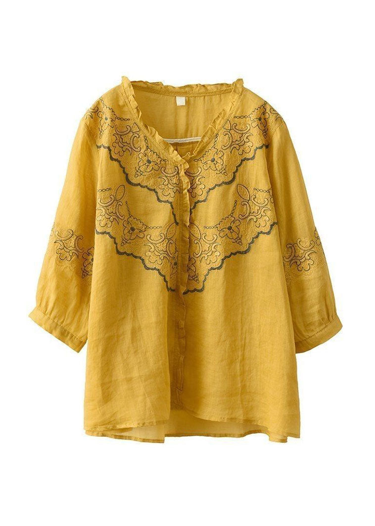 Yellow Patchwork Linen Top Ruffled V Neck Summer LY0234 - fabuloryshop