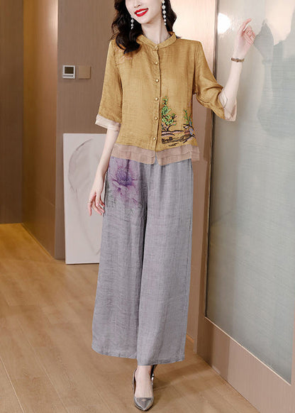 Yellow Patchwork Linen Two Pieces Set Stand Collar Embroideried Summer LY2786 - fabuloryshop