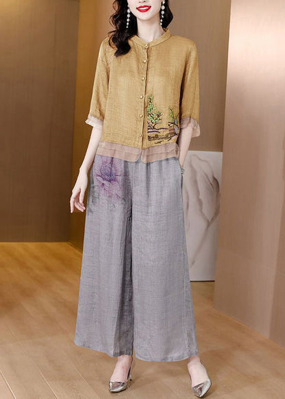 Yellow Patchwork Linen Two Pieces Set Stand Collar Embroideried Summer LY2786 - fabuloryshop