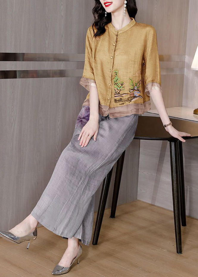 Yellow Patchwork Linen Two Pieces Set Stand Collar Embroideried Summer LY2786 - fabuloryshop