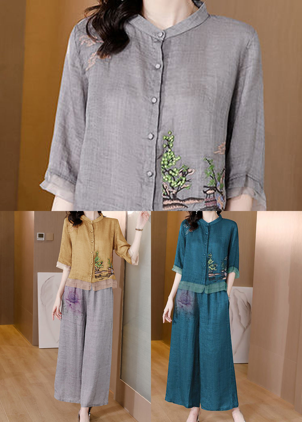 Yellow Patchwork Linen Two Pieces Set Stand Collar Embroideried Summer LY2786 - fabuloryshop