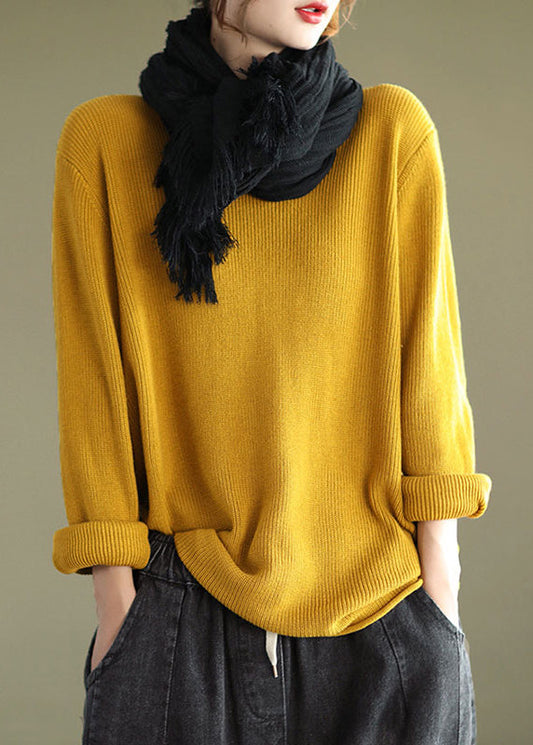 Yellow Patchwork Loose Knitting Tops Cotton V Neck Fall Ada Fashion