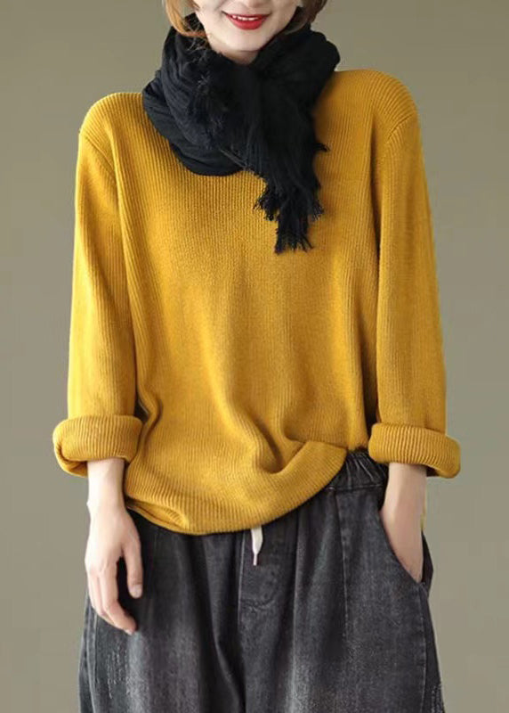 Yellow Patchwork Loose Knitting Tops Cotton V Neck Fall Ada Fashion