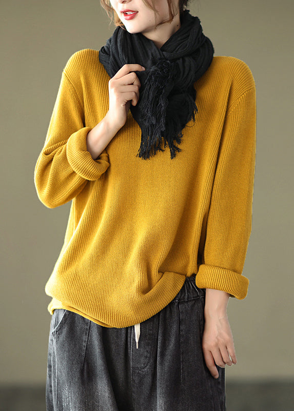 Yellow Patchwork Loose Knitting Tops Cotton V Neck Fall Ada Fashion