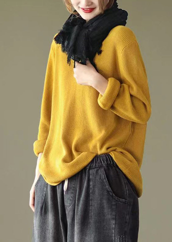 Yellow Patchwork Loose Knitting Tops Cotton V Neck Fall Ada Fashion