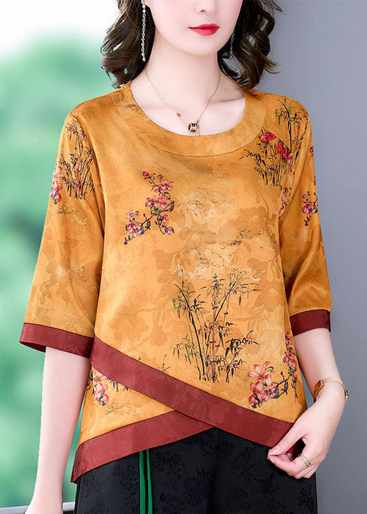 Yellow Patchwork Print Silk Blouse Top O Neck Bracelet Sleeve LY0483 - fabuloryshop