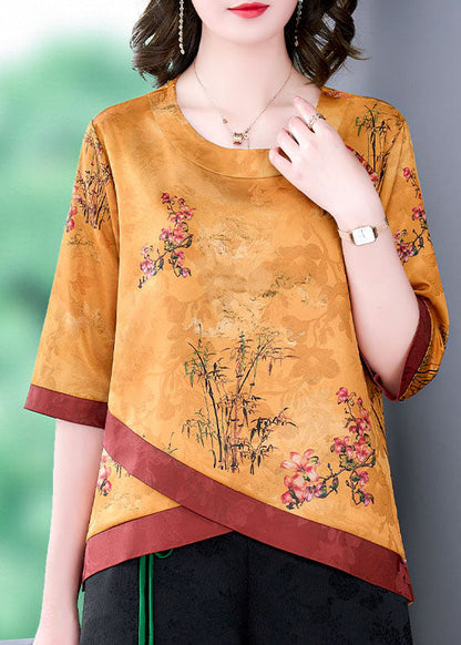 Yellow Patchwork Print Silk Blouse Top O Neck Bracelet Sleeve LY0483 - fabuloryshop