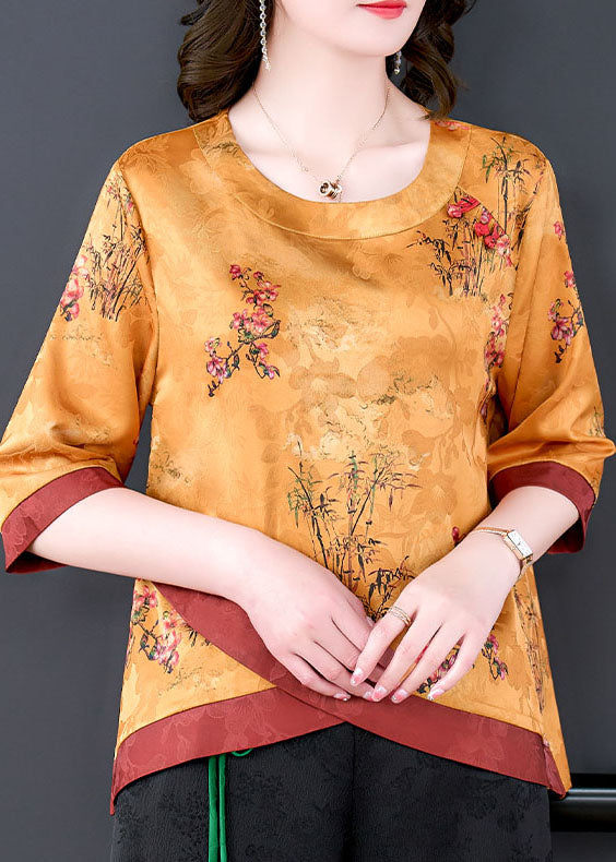 Yellow Patchwork Print Silk Blouse Top O Neck Bracelet Sleeve LY0483 - fabuloryshop