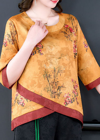 Yellow Patchwork Print Silk Blouse Top O Neck Bracelet Sleeve LY0483 - fabuloryshop