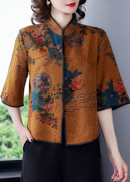 Yellow Patchwork Print Silk Shirt Top Chinese Button Spring LY0479 - fabuloryshop