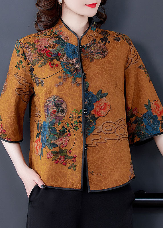 Yellow Patchwork Print Silk Shirt Top Chinese Button Spring LY0479 - fabuloryshop