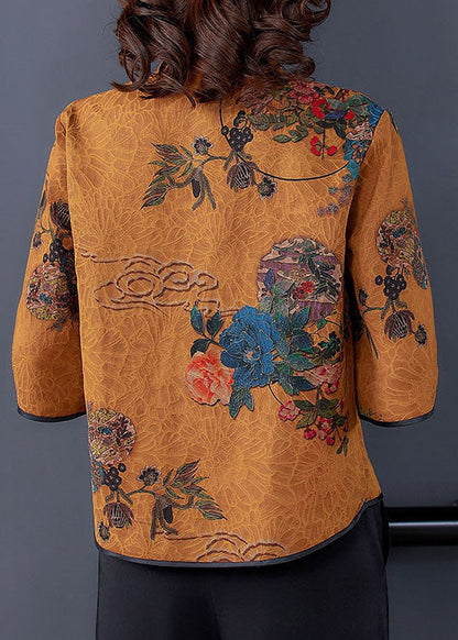 Yellow Patchwork Print Silk Shirt Top Chinese Button Spring LY0479 - fabuloryshop