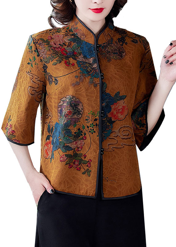 Yellow Patchwork Print Silk Shirt Top Chinese Button Spring LY0479 - fabuloryshop