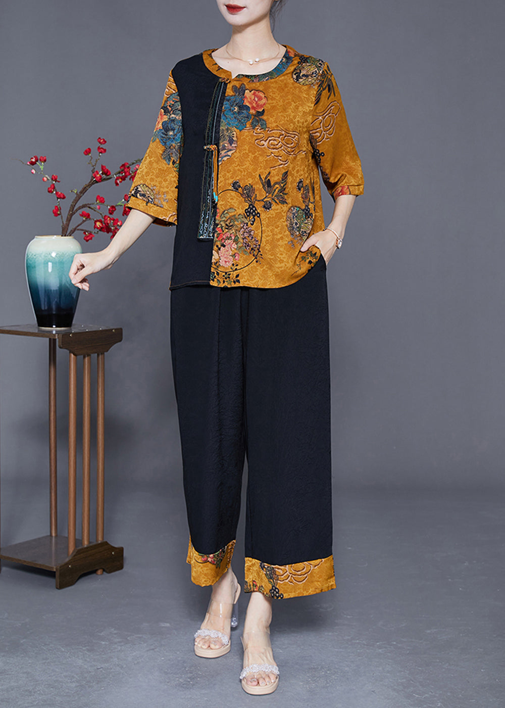 Yellow Patchwork Silk 2 Piece Outfit O-Neck Print Half Sleeve LY3641 - fabuloryshop