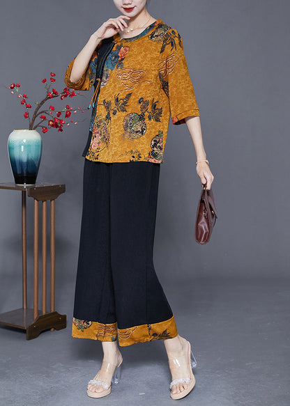 Yellow Patchwork Silk 2 Piece Outfit O-Neck Print Half Sleeve LY3641 - fabuloryshop