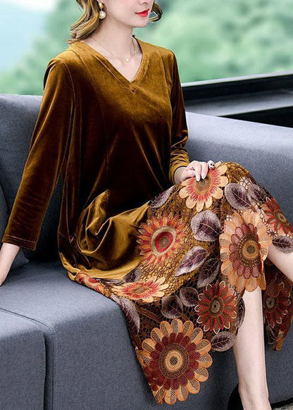 Yellow Patchwork Silk Velour Maxi Dresses Embroideried V Neck Spring Ada Fashion