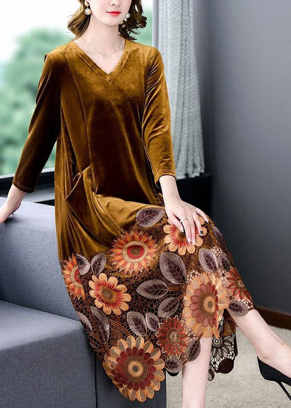 Yellow Patchwork Silk Velour Maxi Dresses Embroideried V Neck Spring Ada Fashion