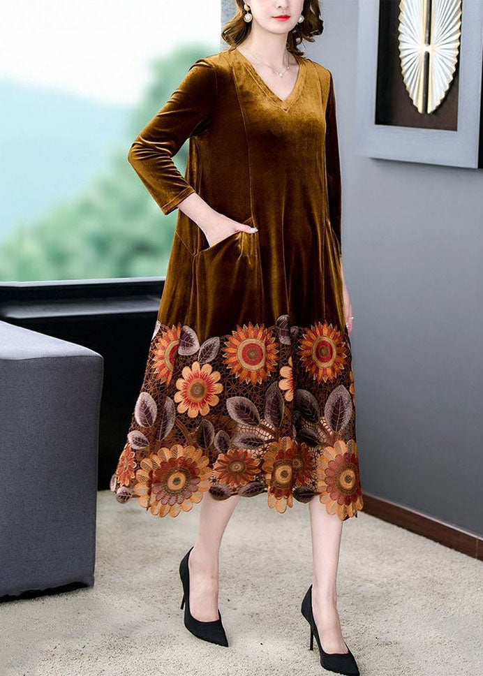 Yellow Patchwork Silk Velour Maxi Dresses Embroideried V Neck Spring Ada Fashion