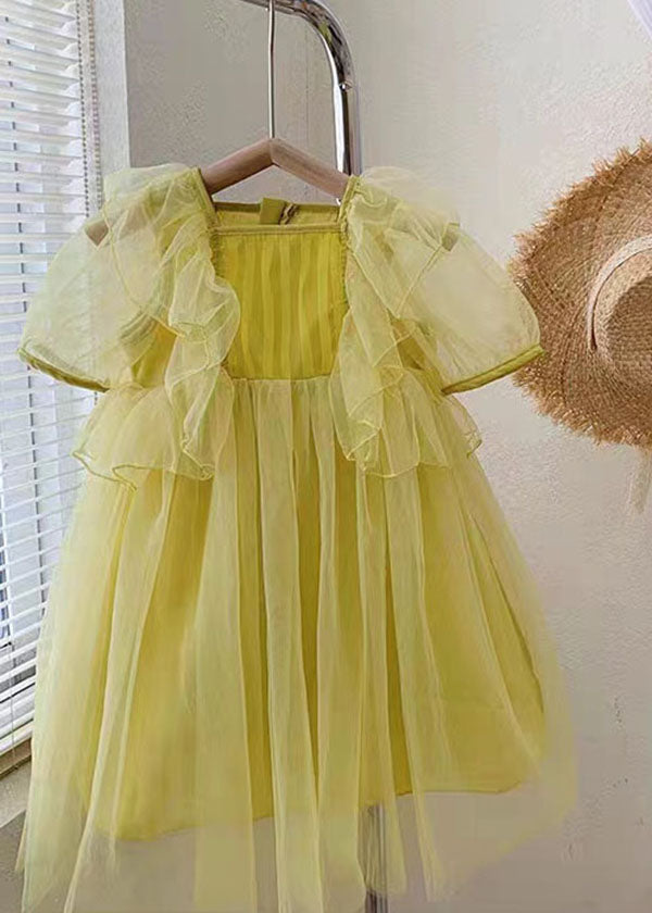 Yellow Patchwork Tulle Baby Girls Princess Dresses Wrinkled Summer Ada Fashion