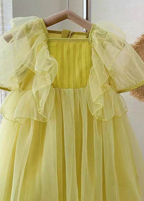 Yellow Patchwork Tulle Baby Girls Princess Dresses Wrinkled Summer Ada Fashion