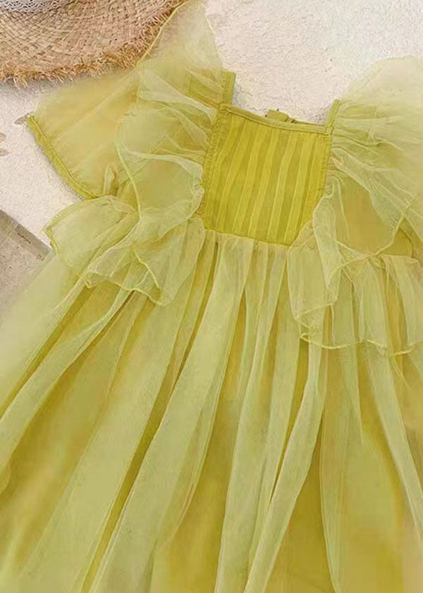 Yellow Patchwork Tulle Baby Girls Princess Dresses Wrinkled Summer Ada Fashion