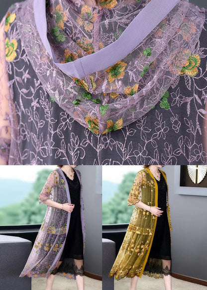 Yellow Patchwork Tulle Cardigans Hooded Embroideried Wrinkled Summer Ada Fashion