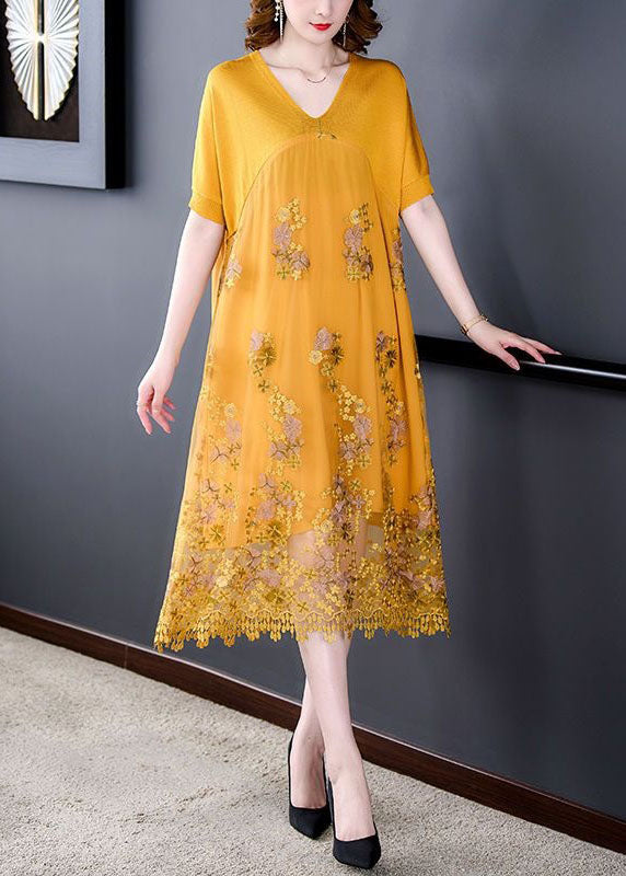 Yellow Patchwork Tulle Dresses Embroideried V Neck Summer LY4592 - fabuloryshop