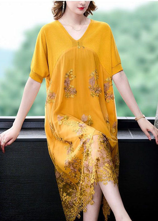 Yellow Patchwork Tulle Dresses Embroideried V Neck Summer LY4592 - fabuloryshop