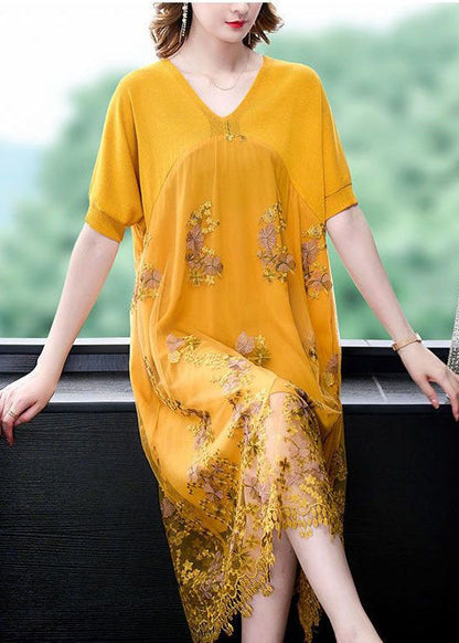 Yellow Patchwork Tulle Dresses Embroideried V Neck Summer LY4592 - fabuloryshop