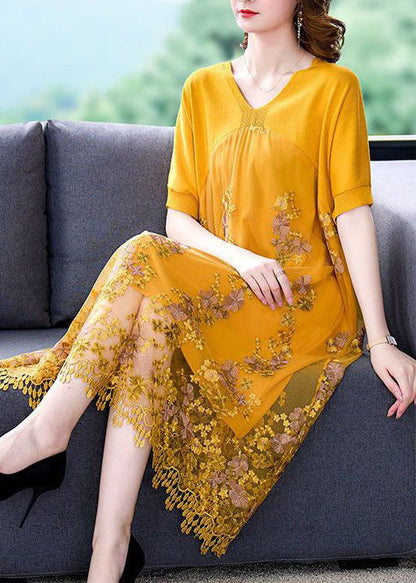 Yellow Patchwork Tulle Dresses Embroideried V Neck Summer LY4592 - fabuloryshop