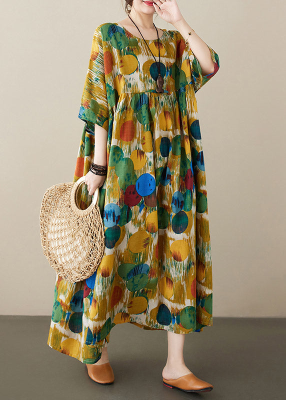 Yellow Patchwork Wrinkled Vacation Maxi Dresses Half Sleeve LY3964 - fabuloryshop