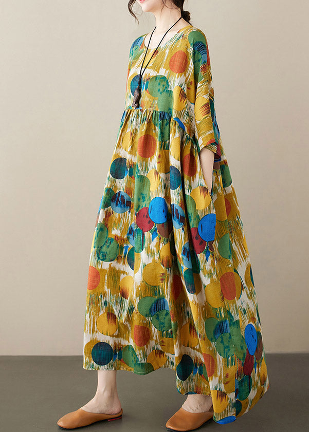 Yellow Patchwork Wrinkled Vacation Maxi Dresses Half Sleeve LY3964 - fabuloryshop