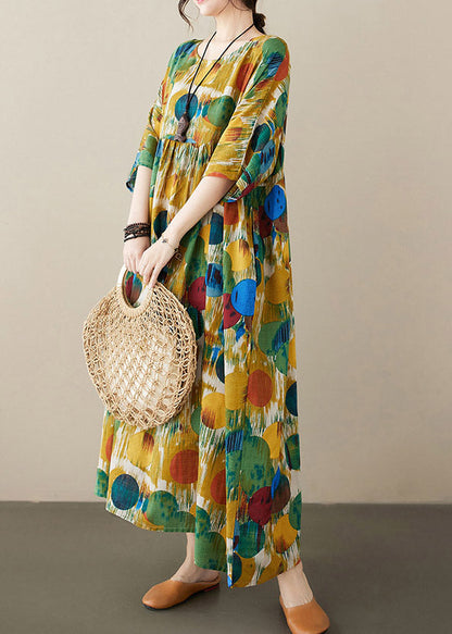 Yellow Patchwork Wrinkled Vacation Maxi Dresses Half Sleeve LY3964 - fabuloryshop