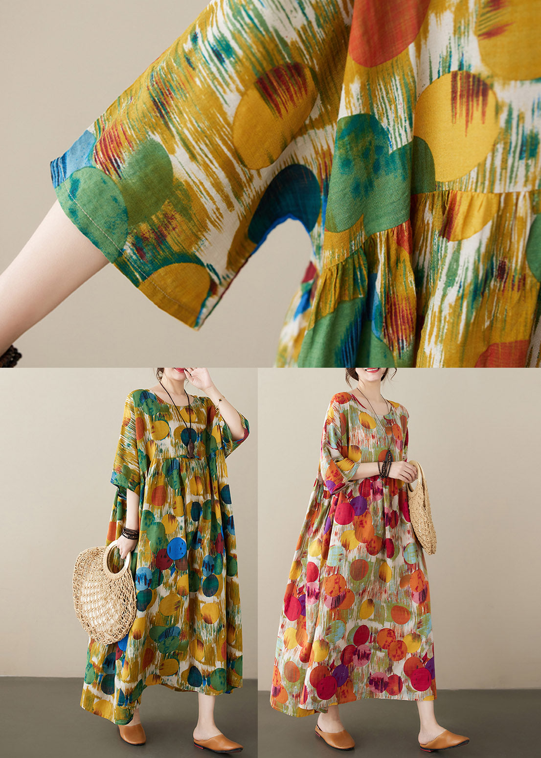 Yellow Patchwork Wrinkled Vacation Maxi Dresses Half Sleeve LY3964 - fabuloryshop