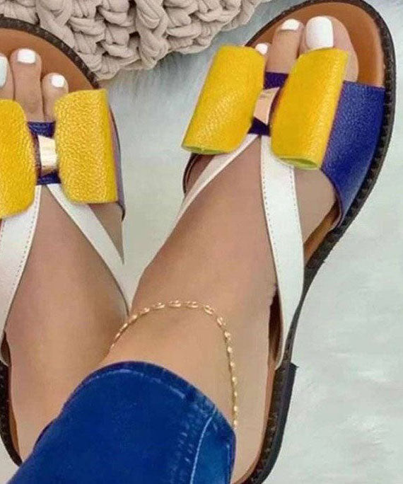 Yellow Peep Toe Faux Leather Vintage Splicing Bow Slide Sandals LY2675