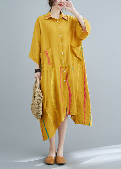 Yellow Peter Pan Collar Button Long Shirts Dress Half Sleeve LY4899 - fabuloryshop