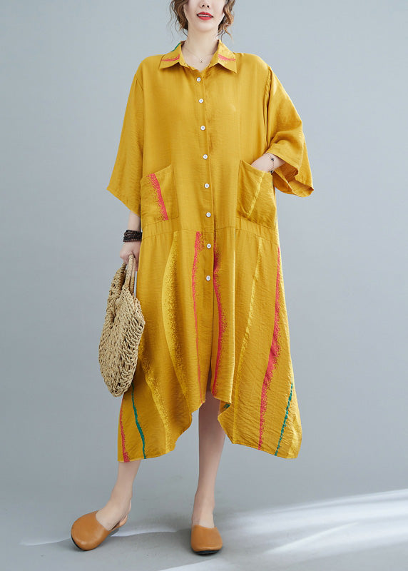 Yellow Peter Pan Collar Button Long Shirts Dress Half Sleeve LY4899 - fabuloryshop