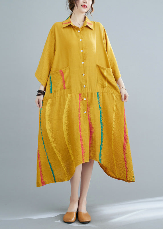 Yellow Peter Pan Collar Button Long Shirts Dress Half Sleeve LY4899 - fabuloryshop