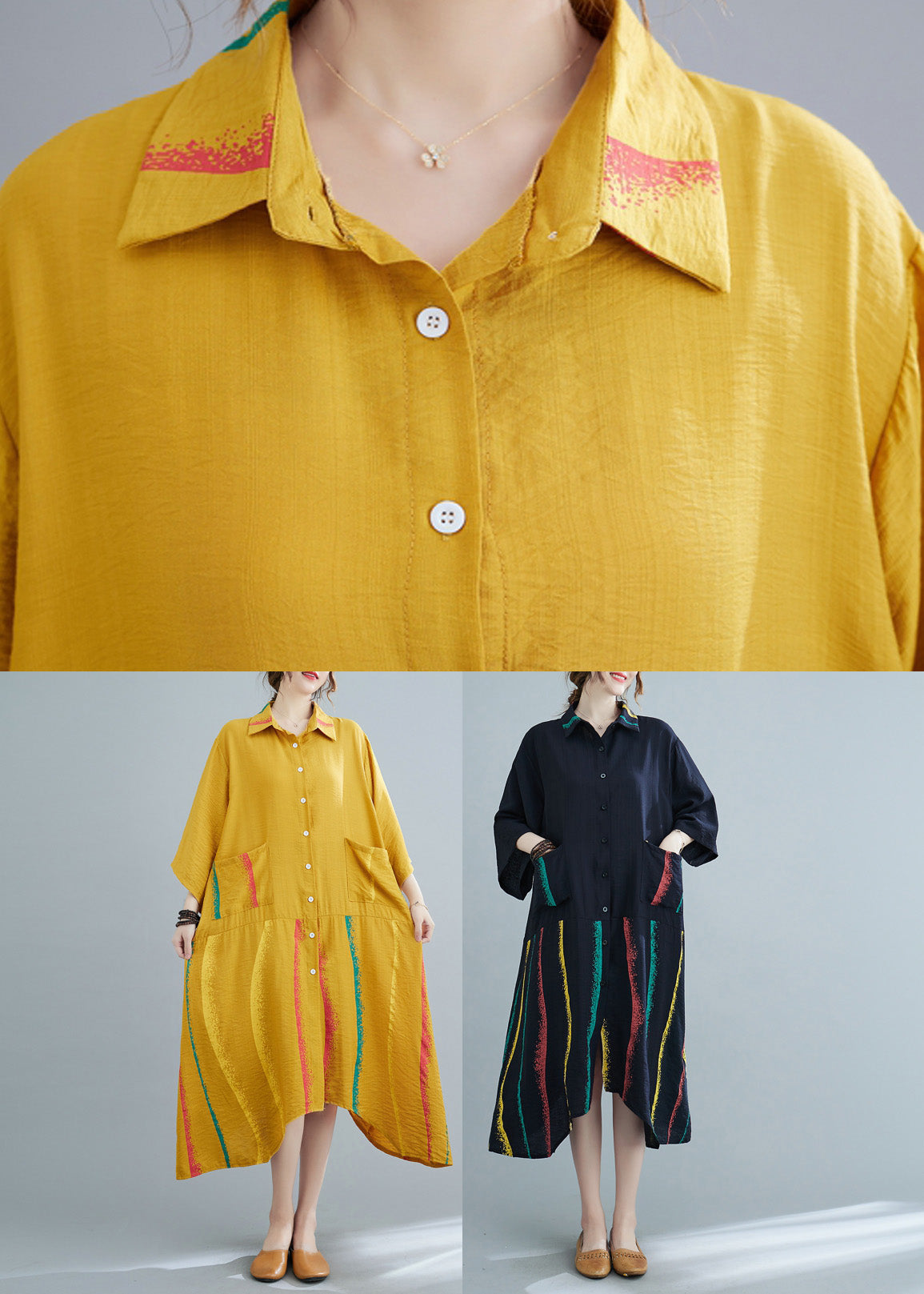 Yellow Peter Pan Collar Button Long Shirts Dress Half Sleeve LY4899 - fabuloryshop