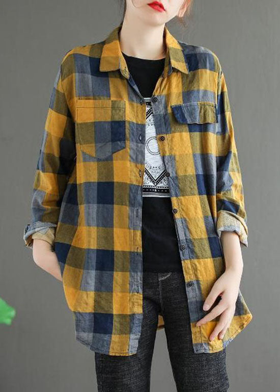 Yellow Plaid Cotton Blouse Top Peter Pan Collar Long Sleeve LY0630 - fabuloryshop