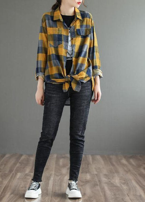 Yellow Plaid Cotton Blouse Top Peter Pan Collar Long Sleeve LY0630 - fabuloryshop