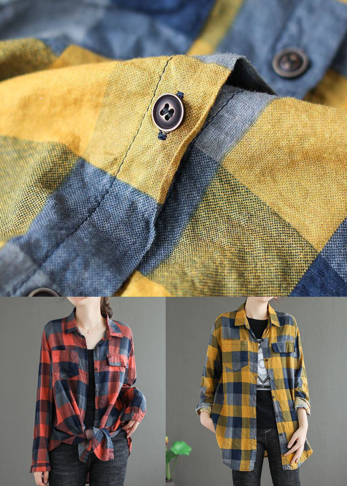 Yellow Plaid Cotton Blouse Top Peter Pan Collar Long Sleeve LY0630 - fabuloryshop