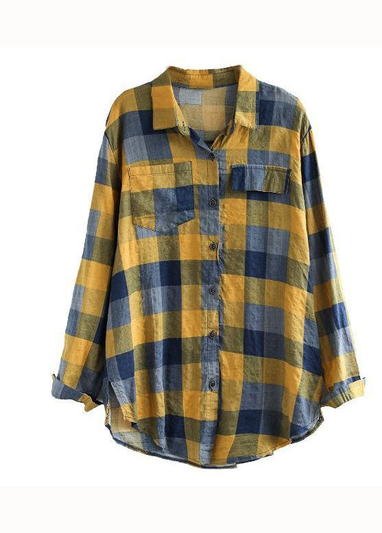 Yellow Plaid Cotton Blouse Top Peter Pan Collar Long Sleeve LY0630 - fabuloryshop