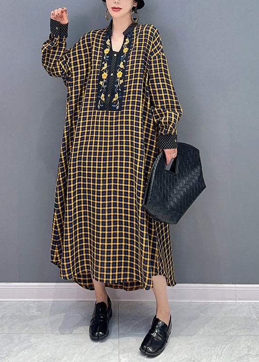 Yellow Plaid Patchwork Maxi Dresses Oversized  Spring LY 0552 - fabuloryshop